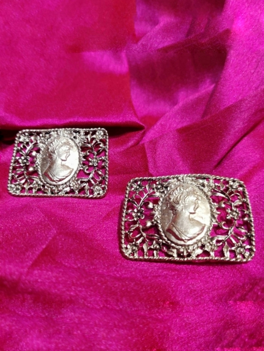 Vintage Silver Cameo Floral Metal Shoe Buckles
